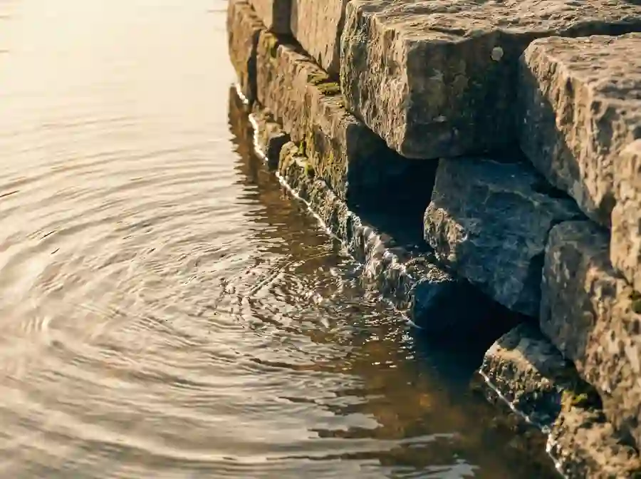 Rippling water flowing over stacked stone in a close water feature detail.